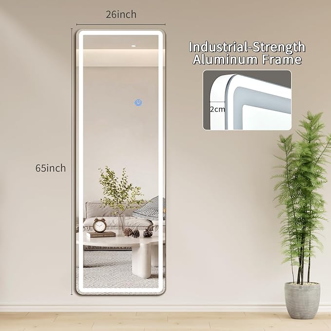 Koonmi Full Length Mirror with LED Lights, 65"x26" Lighted Mirror with Dimming & 3 Color Lighting, Big Mirror for Bedroom, Dressing Room, Rectangle,White