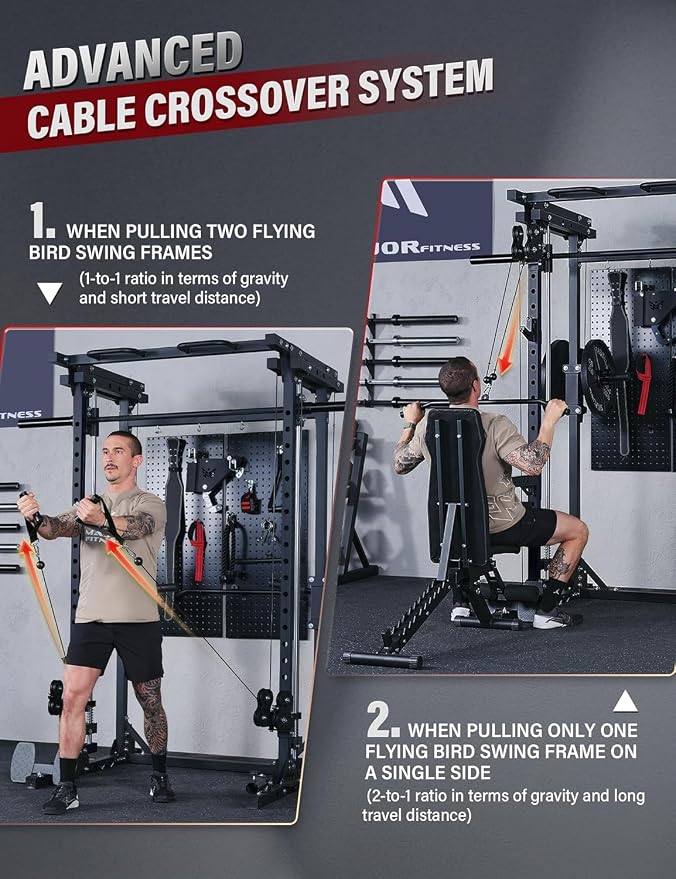 MAJOR FITNESS Drone3 Smith Machine, 2500lbs All-in-One Home Gym Power Rack with Dual Pulley System for Cable Crossover, Pull-Up Bars