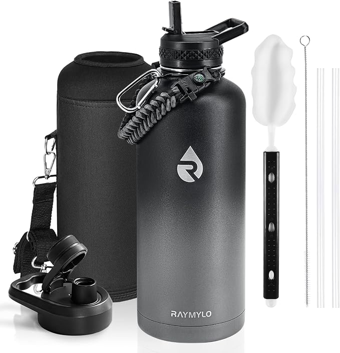 RAYMYLO Insulated Water Bottle 87 oz, Triple Wall Vacuum Stainless Steel | Cold for 48 Hrs), Leak Proof & Non-BPA, Modern Water Flask Jug with Paracord Handle & Straw Spout Lids, Dark Grey