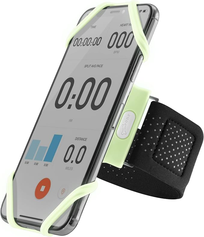 BONE Run Tie, Universal Running Phone Armband for 4"-6.7" Smartphones | Sweat Wicking, Skin-Friendly & Washable Silicone Strap, Workout Phone Arm Holder for Running (Luminous - S Arm Size 7.9-9.8")