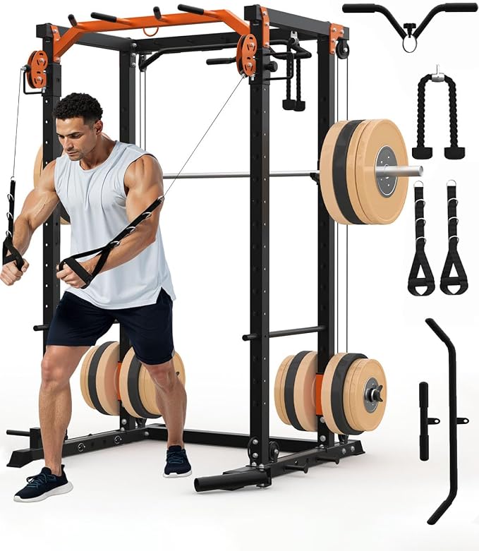 Power Cage, Power Rack with Cable Crossover System, 2000LBS Squat Rack with LAT Pull Down System, Workout Cage with Pulley System for Fitness Home Gym Strength Training (Red&Black)