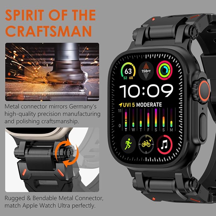 WINGLE FKM Rubber Bands for Apple Watch Band Ultra 3/2/1 Band Ultra 49mm Series 11 10 46mm 45mm 44mm 42mm SE 3/2/1 9 8 7 6 5 4 3 Men, Military Rugged Metal Connector Silicone Apple iWatch Sport Bands