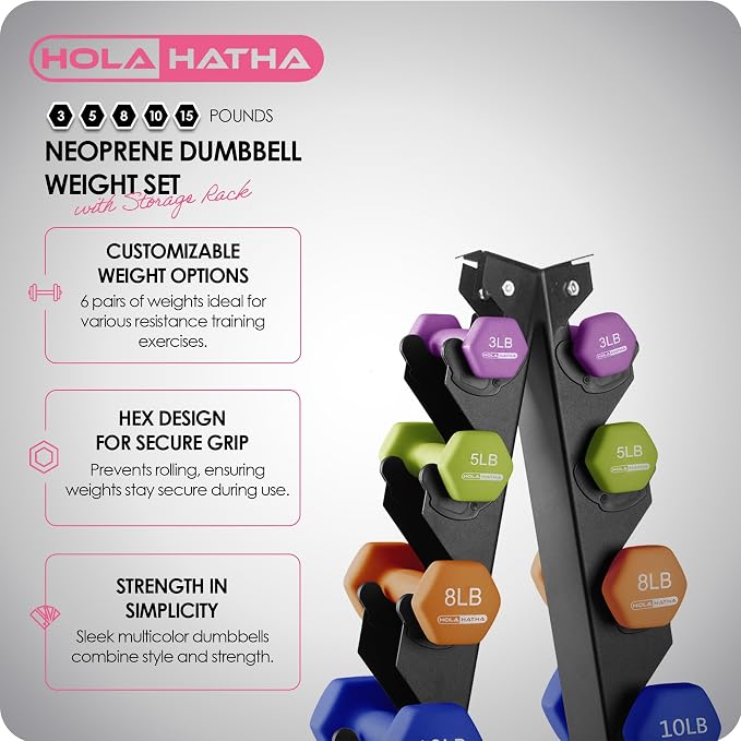 HolaHatha 1, 2 and 3 lb Neoprene Dumbbell Strength Training Weight Set with Rack