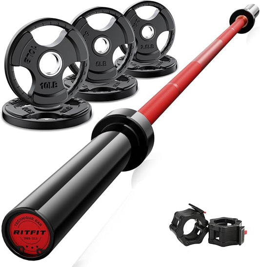 RitFit Barbell Weight Set - 4/6FT Olympic Barbell with Weight Plates (55-115LB Total) - Weightlifting Equipment for Squats, Curls, Deadlifts, Presses, Hip Thrusts