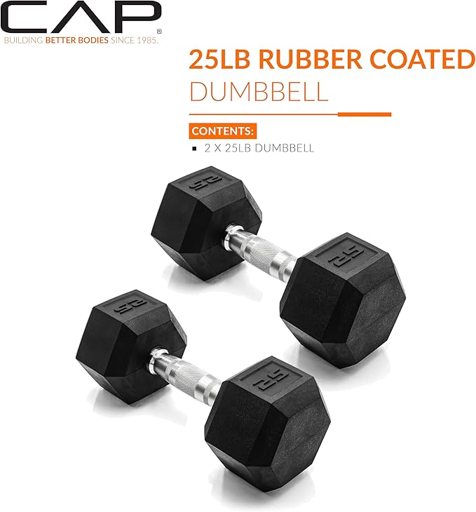 CAP Rubber Coated Dumbbell Weights, Free Weights for Home Gym Strength Training, Anti-Roll Hex Dumbbells with Black, Chrome & Comfort Grip Handles, Pairs & Sets