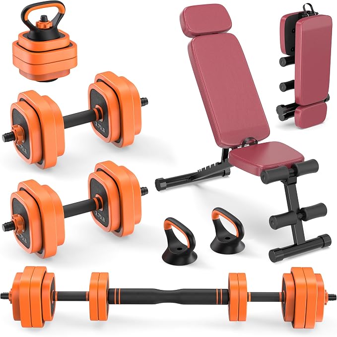 Rendpas 4-in-1 Adjustable Dumbbell Set with Foldable Bench for Home Gym | 800LB Capacity, 10 Angles Incline, Convert to Barbell, Kettlebell, Push-Up Stand