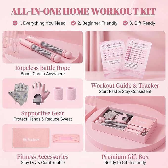 8pcs Ropeless Battle Rope Workout Kit for Women with Resistance Springs, Pink Adjustable Weighted Home Gym Equipment, Includes Gloves, Towel, Headband, Wristbands, Storage Bag & Gift Box