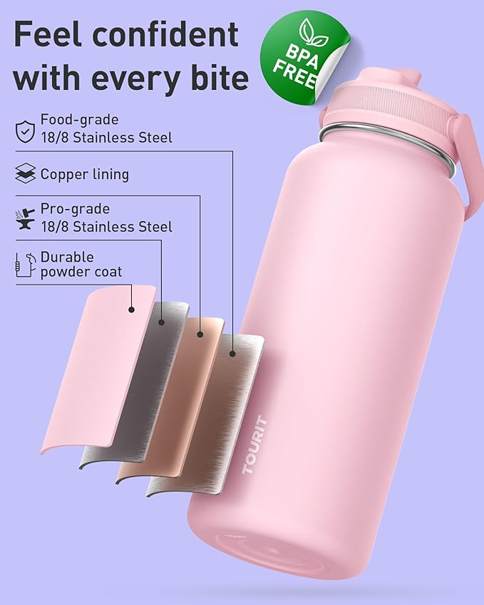 TOURIT 24 oz Insulated Water Bottle, Stainless Steel Water Bottles With Straw, Double Wall Vacuum Insulation for Cold and Hot Drinks, Leak Proof BPA Free Water Flask for Sports and Travel, Black