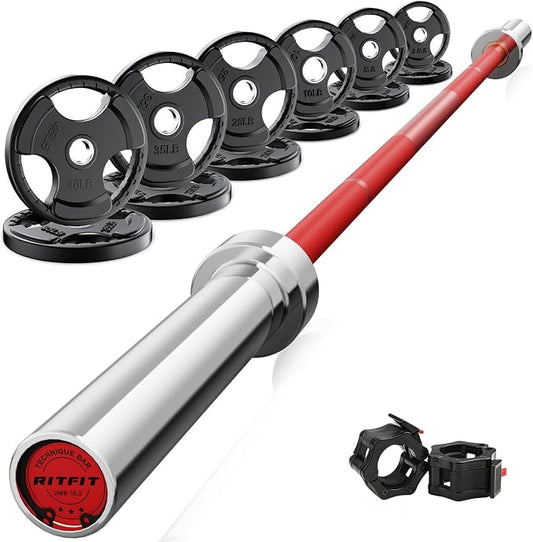 RitFit Barbell Weight Set - 4/6FT Olympic Barbell with Weight Plates (55-115LB Total) - Weightlifting Equipment for Squats, Curls, Deadlifts, Presses, Hip Thrusts
