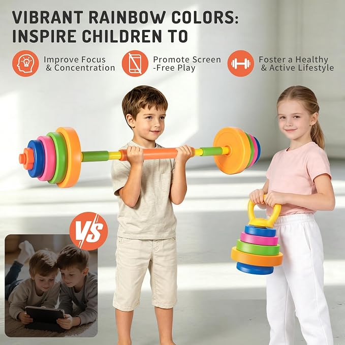 5-IN-1 Kids Weight Set, Kids Workout Equipment , Kid Exercise Equipment Toy | Adjustable Kettlebell , Barbell, Push-Up , Ring, Toddler Weights Gym Set Bench Workout Gift for Boy Girl