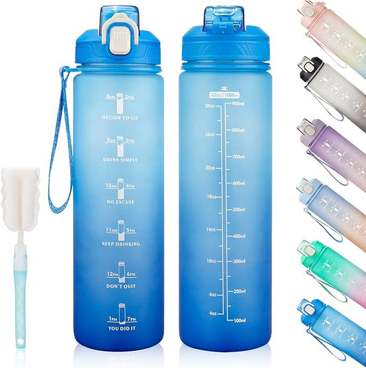 YC Kitchen 32oz Motivational Water Bottle with Straw & Carrying Strap | Leak-proof BPA Free Sports Water Bottles with Time Marker, with Times to Drink,Fitness, Gym, and Outdoor Sports