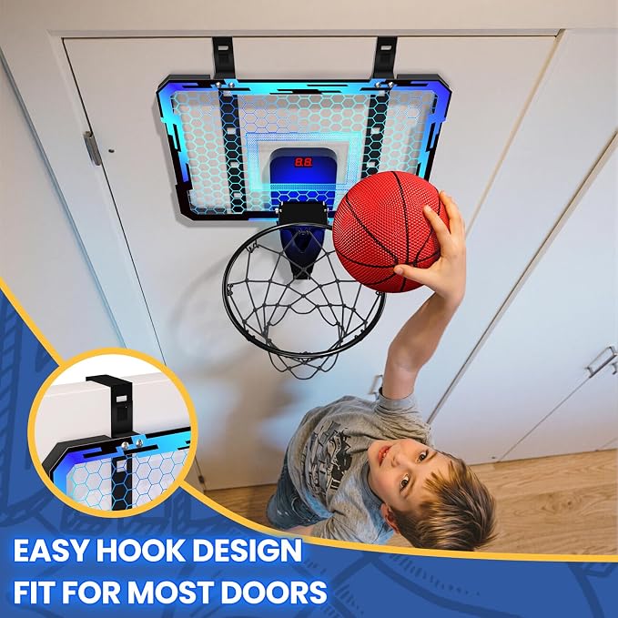 QDRAGON Mini Basketball Hoop with Scoreboard & 7 LED Lighting | Over The Door Indoor, with 3 Balls/Inflator/Breakaway Rim, Basketball Toy Gifts for Kids Adults, Suit for Bedroom/Office