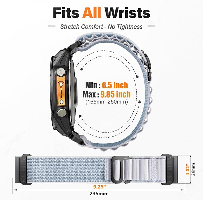 Alpine Loop Nylon Watch Band Compatible with Garmin Fenix 5X / 6X / 7X / 8 51mm, Quickfit 26mm Rugged Watch Bands for Garmin Fenix 8 Pro 51mm / 7X Pro / 6X Pro / 5X Plus, for Fenix 3, Tactix Delta