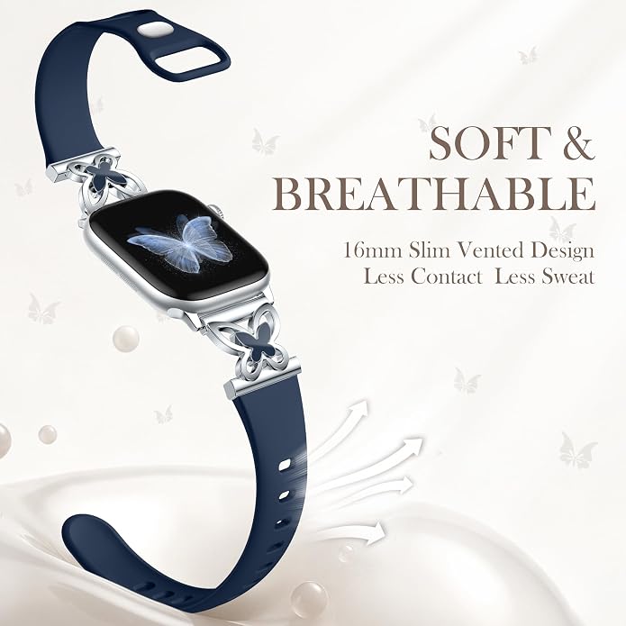 Lerobo Slim Silicone Band Compatible with Apple Watch Bands for Women | Dressy Metal Butterfly 16mm Thin Strap for iWatch Series 11 10 9 8 7 6 5 4 SE Ultra 38mm 40mm 41mm 42mm 44mm 45mm 46mm 49mm