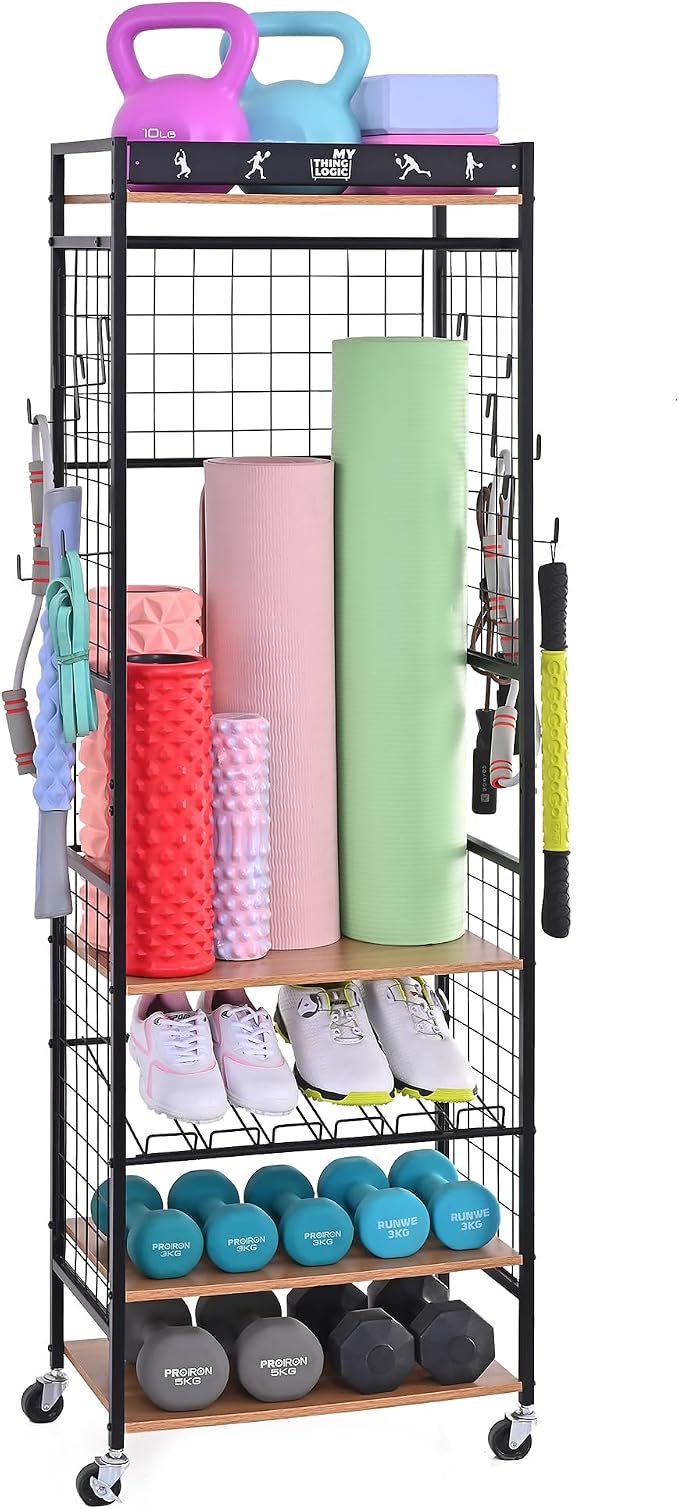 Mythinglogic Home Gym Storage Rack with Wheels for Dumbbells and Yoga Mats | Versatile storage with shelves, hooks and side holders for kettlebells, foam rollers, bands, weight plates and gym gear