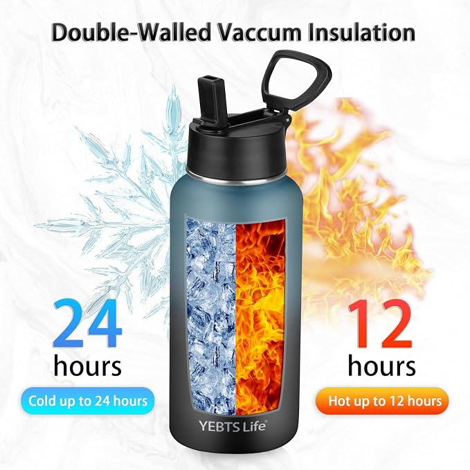 Insulated Water Bottle With Straw,32 oz Vacuum Insulated Stainless Steel Sports Water Flask,Keeps Cold and Hot,Metal Water Bottle Wide Mouth for Gym Travel Camping (Blue & Black)