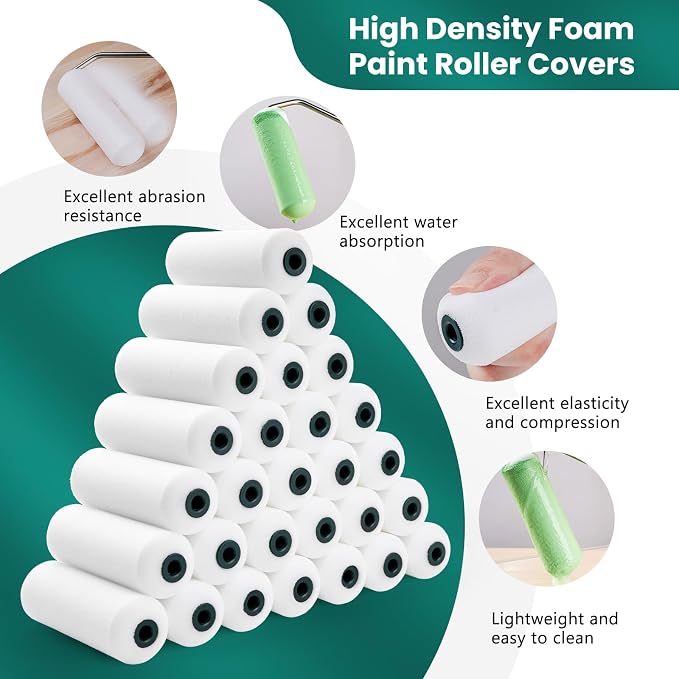 4 Inch Foam Paint Roller Covers 28 Pack | Small Paint Roller Kit, High Density Foam Paint Roller Covers, Mini Paint Rollers for Painting Walls, Home Painting Supplies