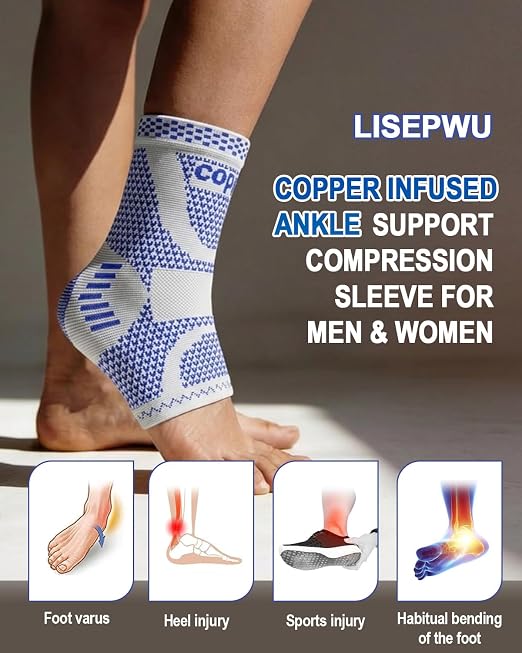 LISEPWU Copper Ankle Brace for Men & Women, Ankle Compression Sleeve 1 Pair | Infused Copper Ankle Support Sleeve for Foot Pain, Sprained Ankle, Achilles Tendonitis, Plantar Fasciitis, Daily use Blue XL