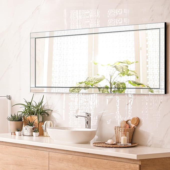 Syndra 56"x20" Wall Mounted Full Length Mirror with Reflect Frame, Large Rectangle Beveled Frameless Full Body Mirror, Vertical & Horizontal Over Sink Long Mirrors for Bathroom, Bedroom, Living Room