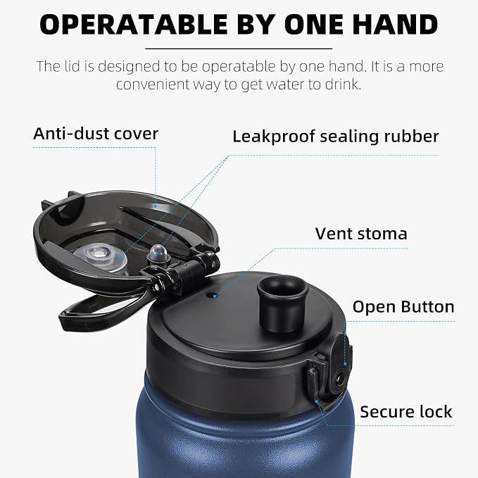 Fanhaw 32 oz Insulated Stainless Steel Water Bottle with Anti-Dust Chug Lid, Leakproof Vacuum Sports Bottle for Kids, Teens & Adults, Back to School Essentials (Navy Blue)