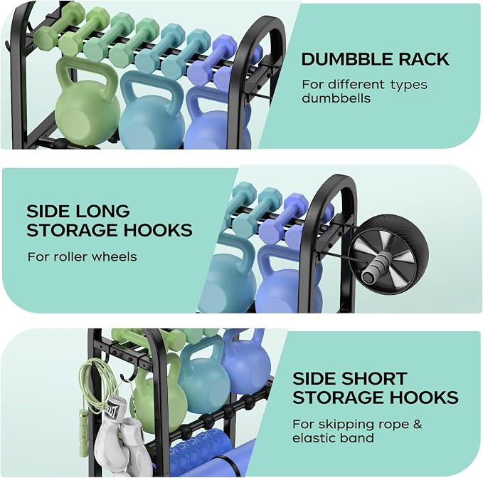 3 Tier Dumbbell Rack - Weight Rack for Home Gym: 360LB, Stand Only | Heavy Duty Adjustable Storage Rack with Hooks, Dumbbell Stand & Weight Holder, Organizer Shelf for Home Gym