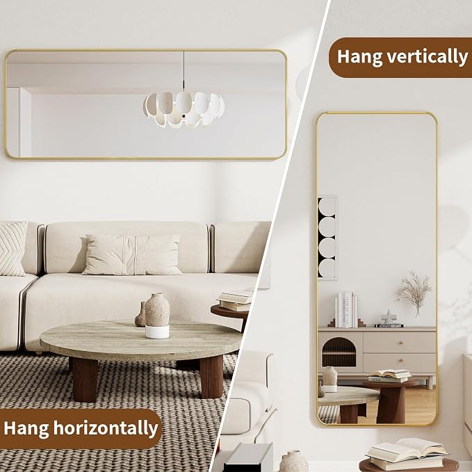 BEAUTYPEAK 66" x 23" Rounded Corner Full Length Mirror with Stand, Gold | Aluminum Alloy Frame with Standing, Leaning, or Wall-Mounted, Ideal for Bedroom, Dressing Room, Entryway, and Living Room