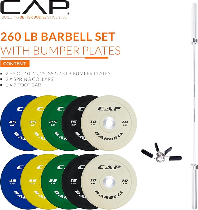 CAP Barbell Olympic Weight Set with 7ft Barbell & Bumper Plates | 160-370 lbs | Multiple Options