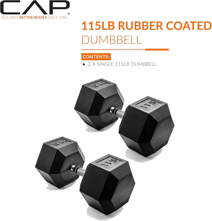 CAP Rubber Coated Dumbbell Weights, Free Weights for Home Gym Strength Training, Anti-Roll Hex Dumbbells with Black, Chrome & Comfort Grip Handles, Pairs & Sets