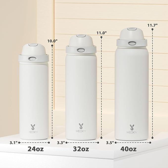24 oz Insulated Water Bottle with Straw: Meoky Stainless Steel Metal Water Bottle with 2-in-1 Lid - Leak Proof, Cold for 24 Hours, Protective Silicone Base, BPA-Free for Sports Travel Car, Ivory