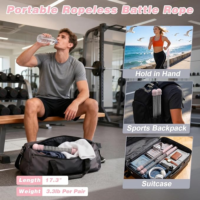 Ropeless Battle Ropes for Home Gym, Portable Cordless with Storage Bag & 8 Adjustable Weight Rings, Heavy Duty Fitness Rope for HIIT, Strength, High Calorie Burn & Low-Impact Cardio for Men & Women