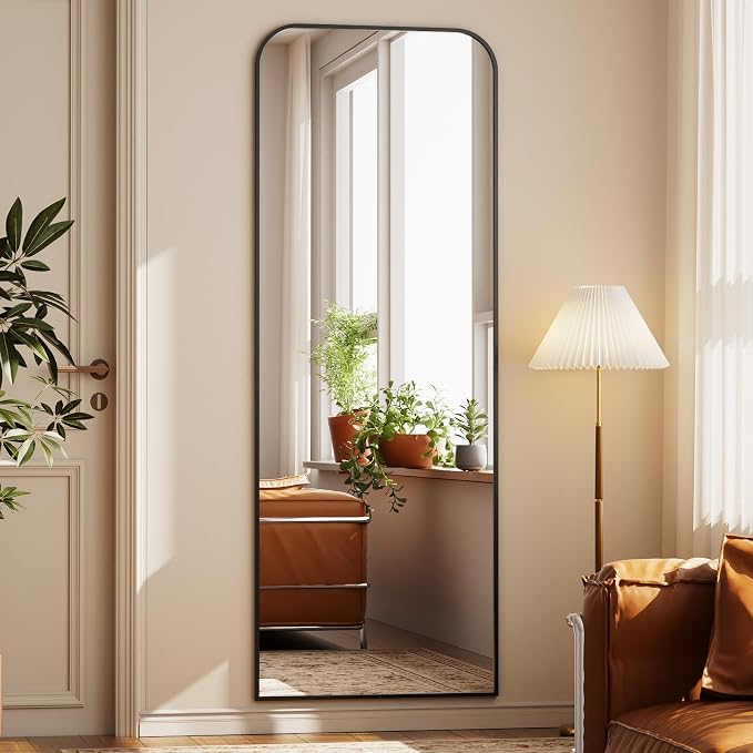 Full Length Mirror 64"x21" Arched Floor Standing Large Mirrors | Full Body Mirror with Stand - with Aluminum Frame for Bedroom Living Room, Black