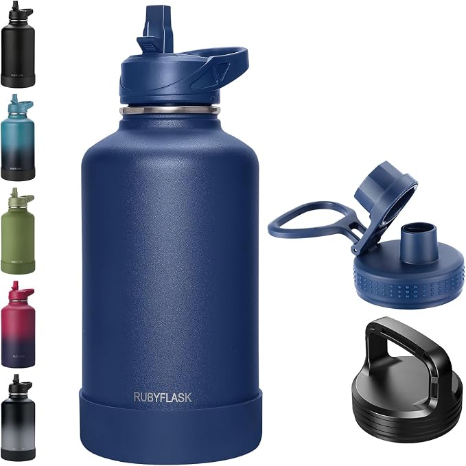 RUBYFLASK 64 oz Insulated Stainless Steel Water Bottle with Straw | Half Gallon Large Vacuum Metal Water Jug with 3 Lids, Wide Mouth Thermal Flask With Handle and Silicone Boot, Navy