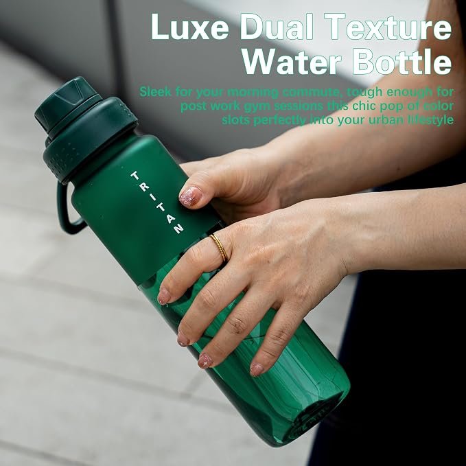 OLDLEY 32oz Water Bottle with Handle, BPA-Free Tritan Reusable Sports Water Bottle with Leak-Proof Dust Lid, Wide Mouth, Cup Holder Friendly, Half Frosted Clear Bottle for Gym,Travel, Work,Teal Green
