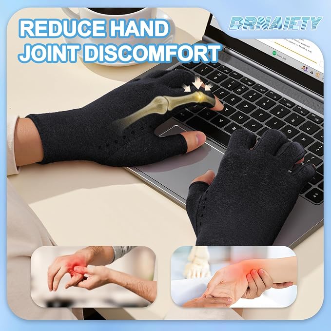 DRNAIETY 2-Pair Arthritis Compression Gloves- for Hand Arthritis, Carpal Tunnel Pain, Rheumatoid Arthritis, RSI, Fingerless, Anti-Slip, Breathable Gloves for Men & Women, Typing, Daily Use(L Black)