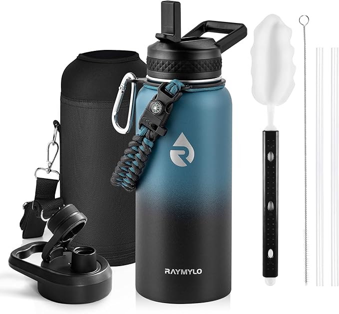RAYMYLO Insulated Water Bottle 32 oz, Triple Wall Vacuum Stainless Steel | (Cold for 24Hrs, Hot for 12Hrs), Leak Proof & Non-BPA, Modern Water Flask Jug with Paracord Handle & Straw Spout Lids