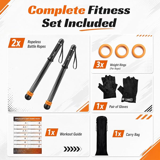 UBeesize Weighted Ropeless Battle Rope Fitness Kit with Gloves & Bag | Cordless Battle Ropes for Home Gym with Poster, 3 Adjustable Weight Rings, Portable Workout Equipment for Core Strength