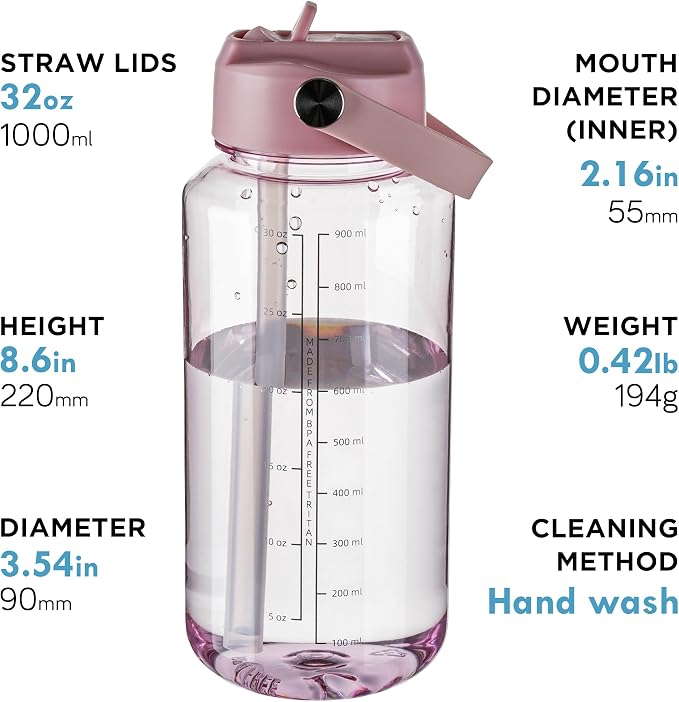 OLDLEY 32oz Water Bottle with Straw, Leakproof Tritan Clear Bottle with Marked Bottle and Carry Handle, BPA-Free Wide Mouth Reusable Sports Water Bottle for Gym,Hiking,Camping,Travel,Workout,Pink