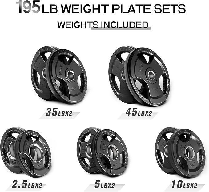 RitFit Olympic Rubber Grip Weight Plates, 2-Inch Barbell Set | Solid Iron Core, Rubber Coated, 2-Inch Olympic Bar Compatible, 3-Hole Grip, 2.5LB to 45LB Weight Options