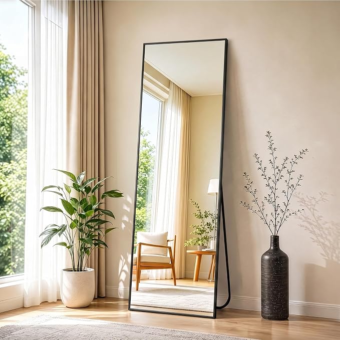 NEWBULIG 58"x19" Full Length Mirror, Full Body Standing Mirror, Black | Leaning or Standing, Tempered Glass, Aluminum Alloy Thin Frame Floor Stand for Bedroom, Cloakroom