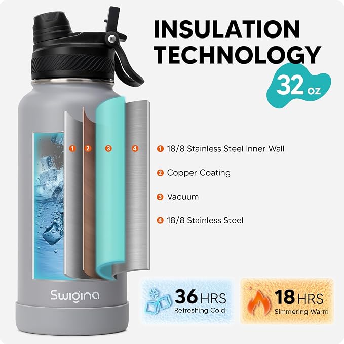 Swigina [2-IN-1 LID] Insulated Water Bottle with Silicone Boot (36hrs Cold/18hrs Hot) - DIY Stickers, Leakproof, BPA Free, 32 oz