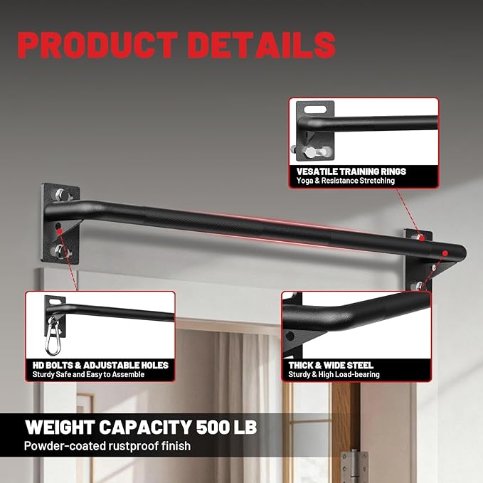 Wall Mounted Pull Up Bar, Chin Up Bar for Home Gym Strength Training | PAPABABE Sturdy Anti-Slip, Knurled Grip, Quick Install, Multi-Grip Versatile, Wall-Mounted Space-Saver 500 Weight Capacity