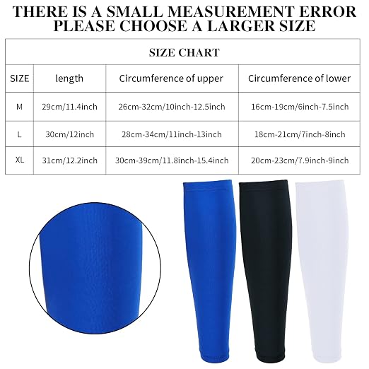 3 Pairs Calf Compression Sleeves for Men And Women Football Leg Sleeve Footless Compression Sock for Running Athlete Cycling (Black, White, Blue, Medium)