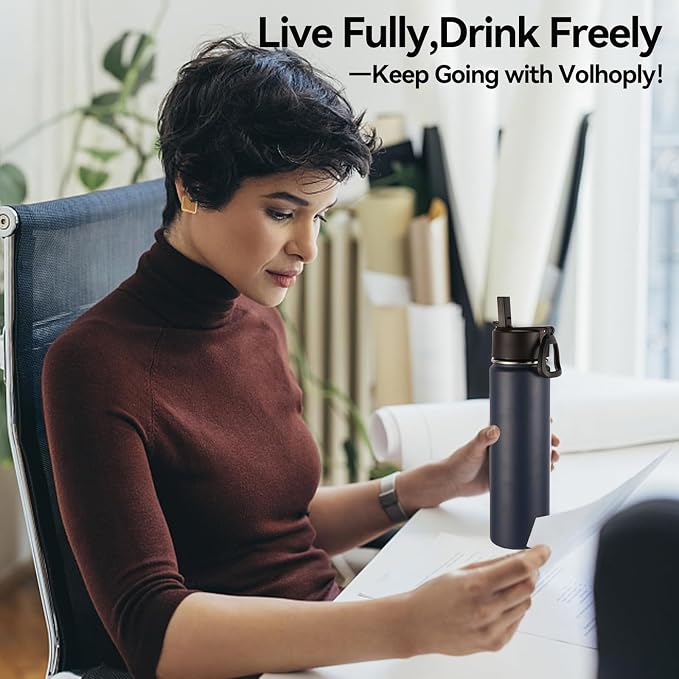 Volhoply 24oz Insulated Water Bottle with Straw Bulk 8 Pack,Metal Wide Mouth Water Bottles with Handle Lid Keep Cold,Reusable Double Wall Cups,Powder Coated Sport Bottle For Holder(Navy,8 Count)