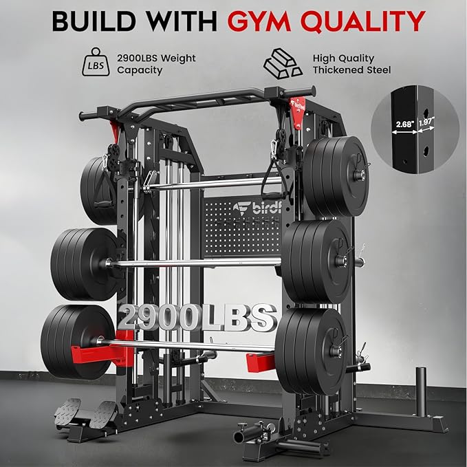 Multi-Function 2000LB Power Cage Smith Machine, Dual Pulley Cable Crossover | Home Gym Squat Rack Featuring LAT Pulldown, Power Rack with Olympic Bar & Strength Training Attachments, Pegboard