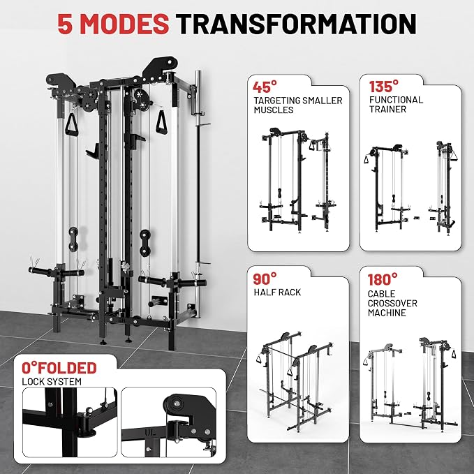 Garvee Folding Squat Rack, Wall Mounted Power Rack with Dual Independent Pulley System & Pull Up Bar, Multi-Function Power Cage with for Home Gym Space-Saving
