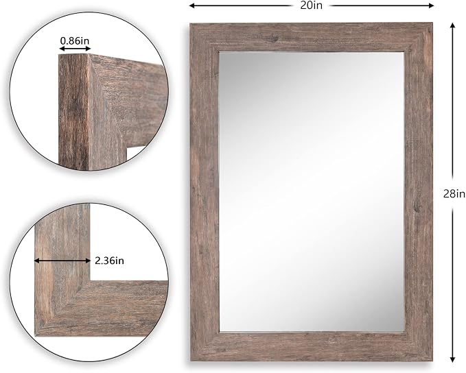 Syndra Rectangular Mirror with Frame Rustic 20x28‘’ Wall Mounted Rustic Vanity Mirror with Large Wood Frame Farmhouse Bathroom Mirror, for Bedroom, Living Room, Entryway Wall Decor(Natural)