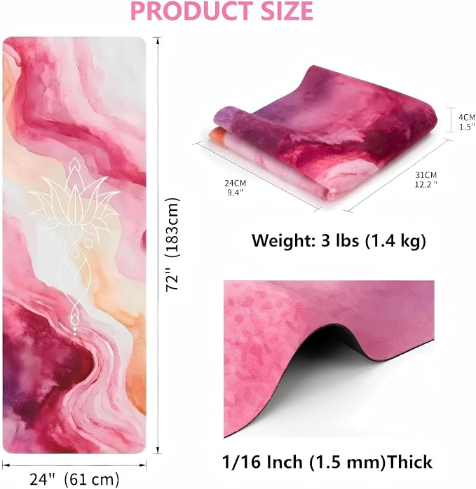 Travel Suede Yoga Mat 1.5mm Thick Non Slip Foldable Lightweigh Sweat Absorbent Exercise Mat for Hot Yoga Pilates Home Gym Outdoor, 72"L x 24"W, 3 lbs