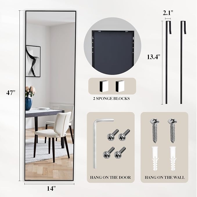 DUMOS 47"x14" Full Length Door Mirror, Full Body Mirror, Black | Aluminum Alloy Thin Frame, Leaning or Hanging, Suitable for Bedroom, Livingroom, Cloakroom