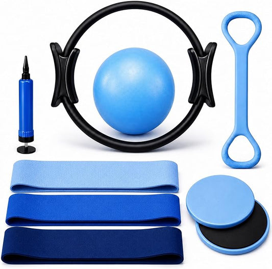 Pilates Equipment - Magic Circle Ring, Pilates Ball, Resistance Bands Set and Sliding Discs Accessories for Exercise, Gym, Yoga, Home and Travel Full Body Fitness Workout Kit Women and Men