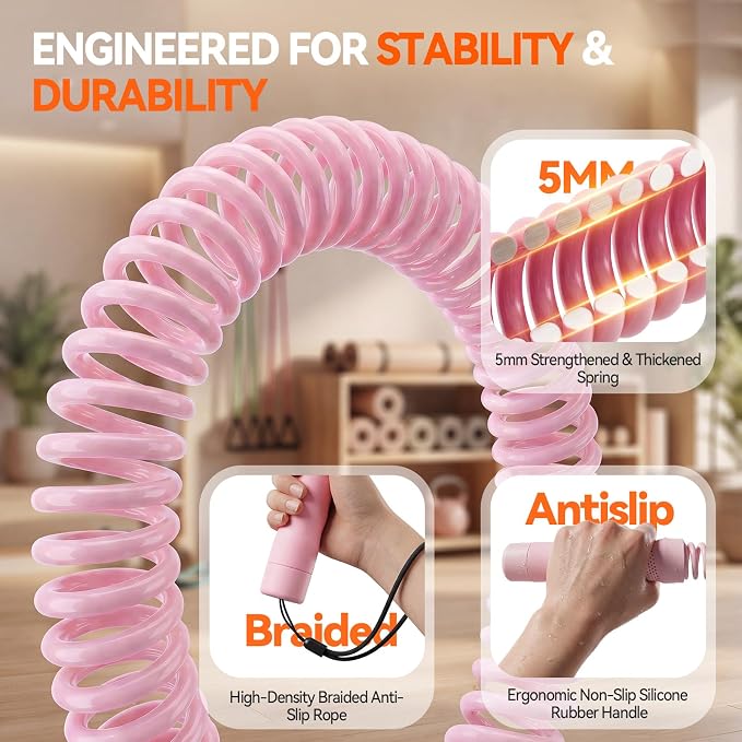 Cordless Ropeless Battle Ropes for Home Gym, 3 Adjustable Resistance, Heavy Duty Strength Training Equipment for HIIT, Full Body Workout, Men & Women, Pink
